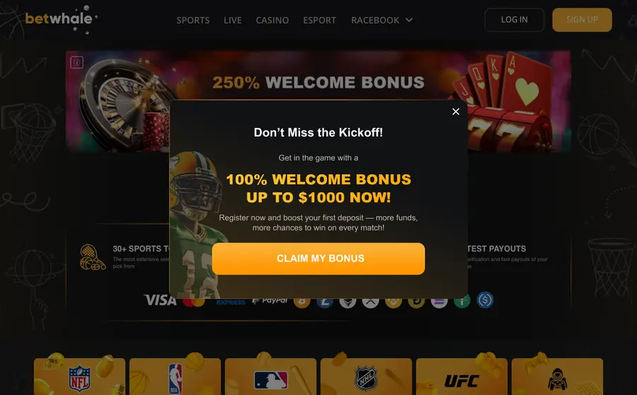 BetWhale welcome offer as shown on its own site