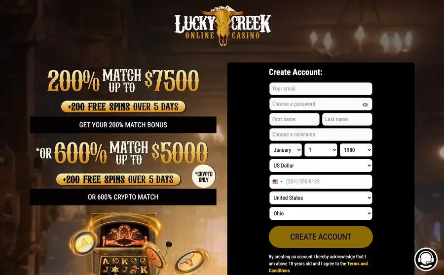 Lucky Creek welcome offer as shown on its own site
