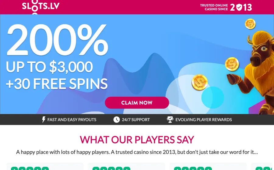 Slots.lv welcome offer as shown on its own site
